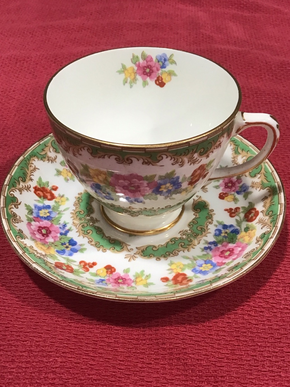 Multicolor Floral Bone China Teacup and Saucer with Gold Trim - Green Accents ##